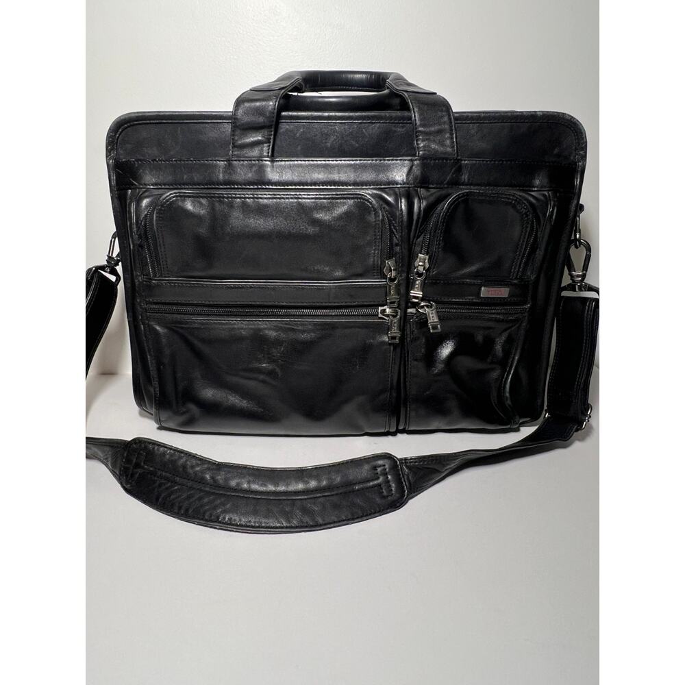 Tumi Black Leather Expandable Organizer Computer Briefcase Bag Laptop Travel